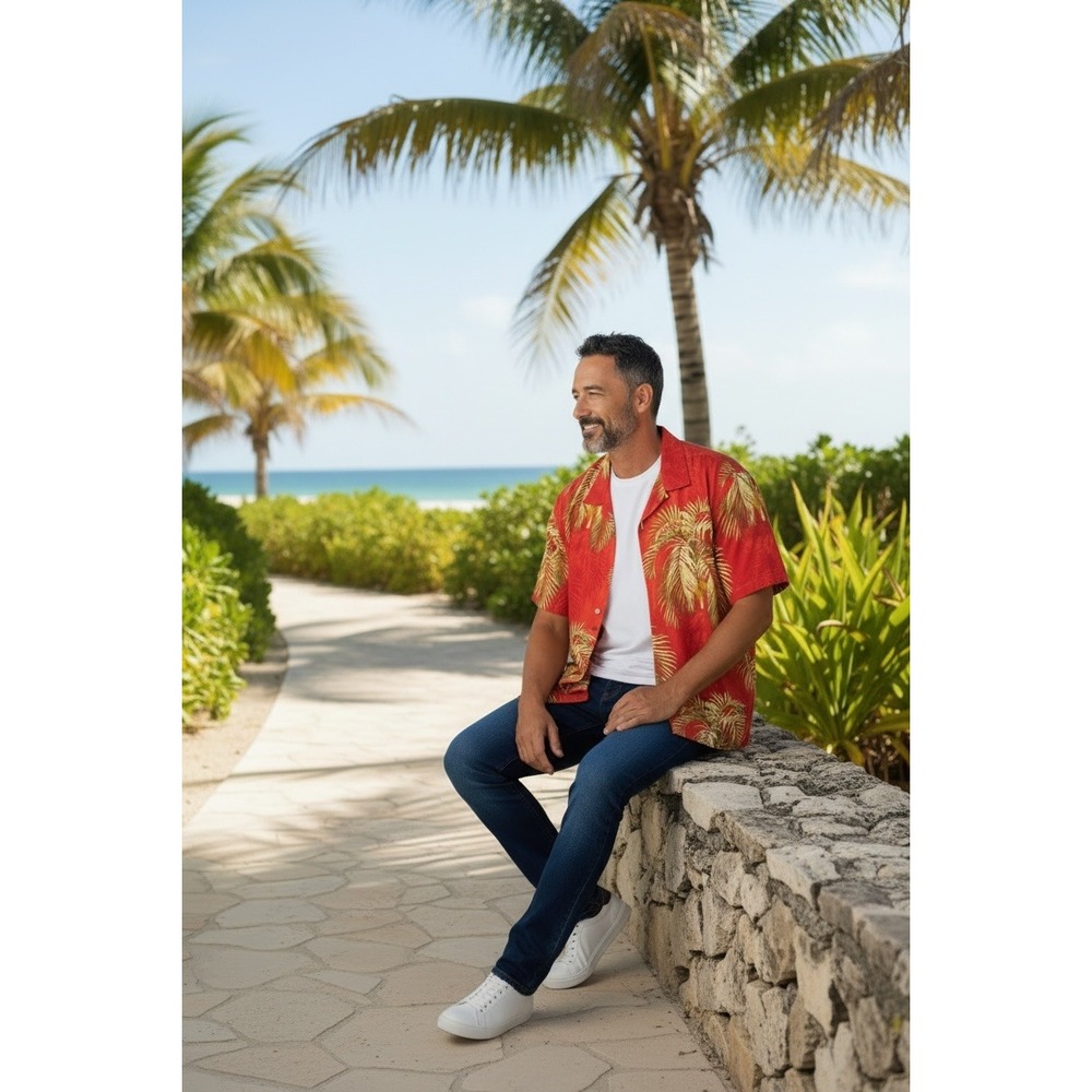 Tommy Bahama Red‎ Palm Tree Silk Button Up Shirt XXL